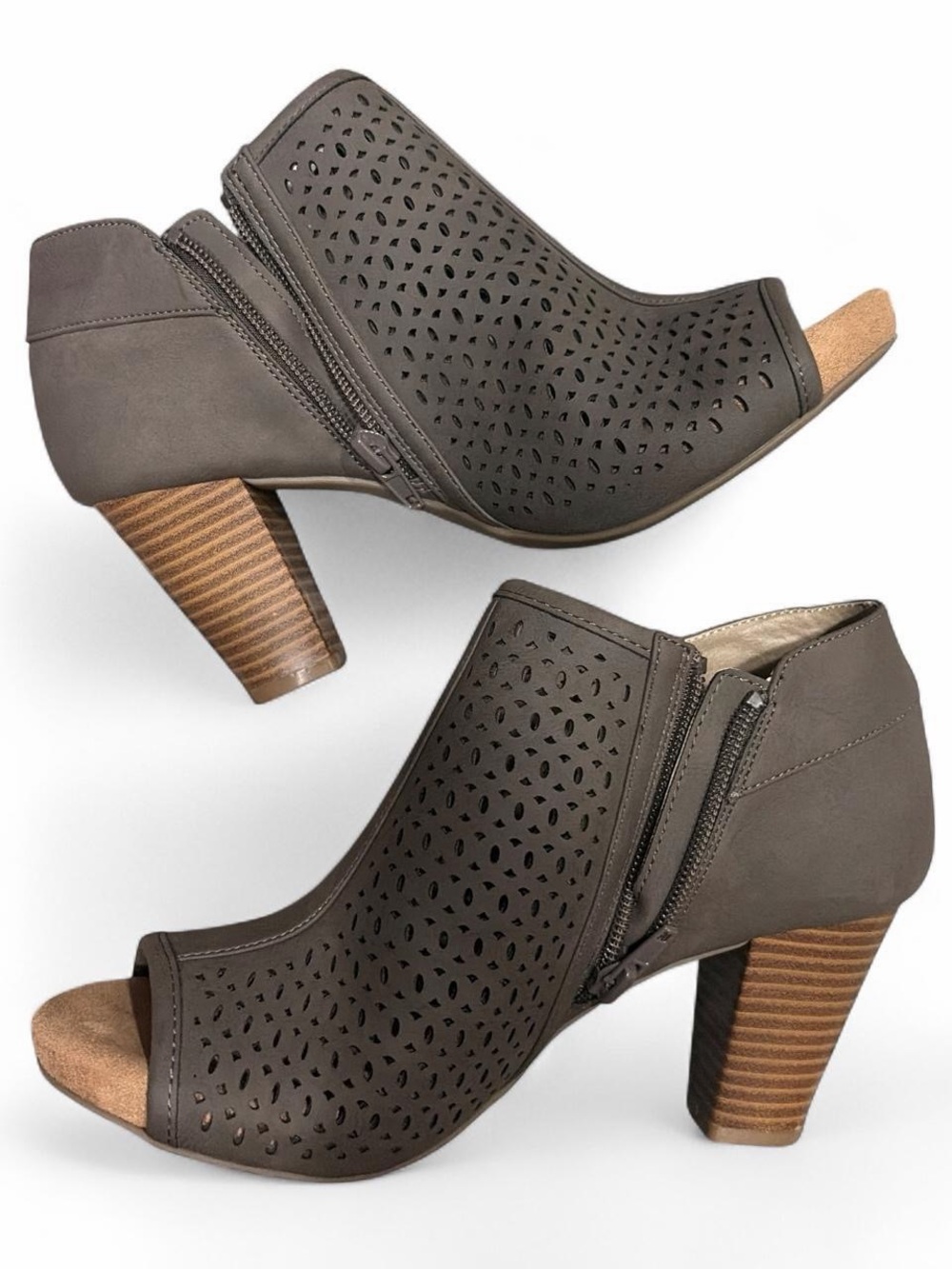 Giani Bernini Taupe Perforated Peep-Toe Block Heel Booties